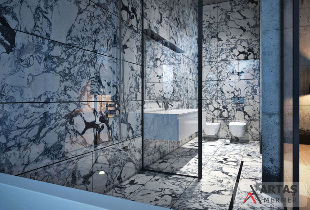 Black and White mermer türündeki banyo duvar ve zemin kaplama çalışması Black and White mermer türündeki banyo duvar ve zemin kaplama çalışması