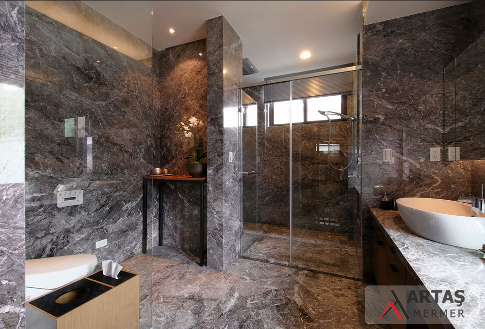 Silver grey banyo için full takım mermer kaplama tasarımımız Silver grey banyo için full takım mermer kaplama tasarımımız